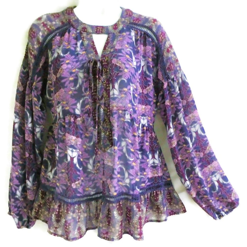 Gypsy Peasant Blouse Purple Floral Lace Inset Ruff